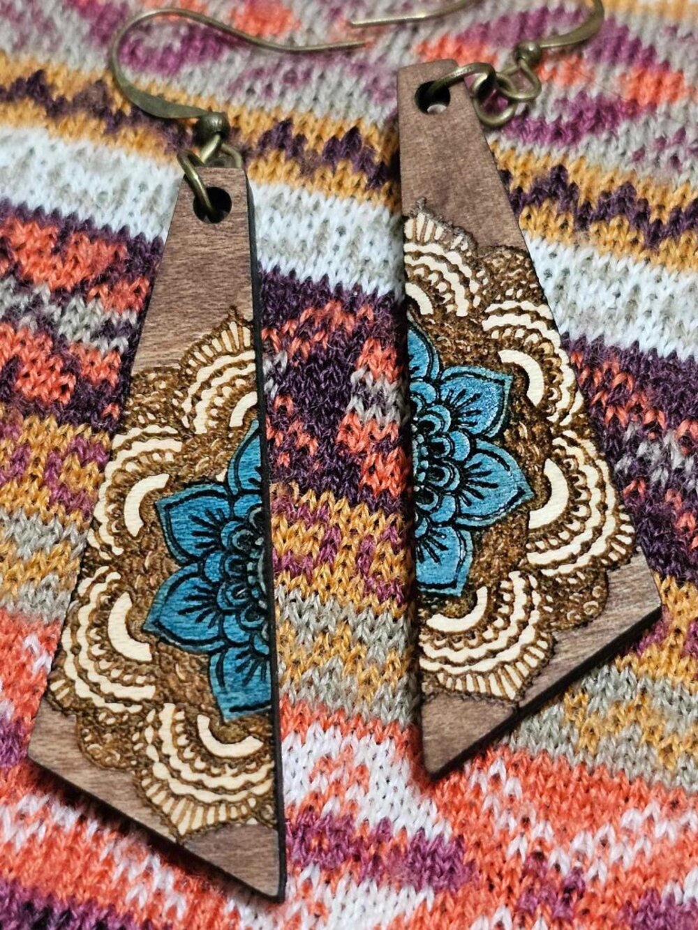 Boho Turquoise Ivory Mandala Statement Wood Earrings Geometric Dangle Pierced - Picture 7 of 11